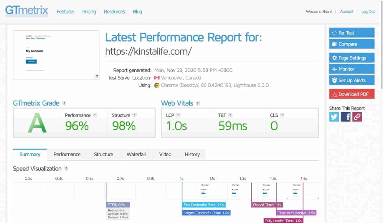 Kinsta Wordpress Page Loading Report